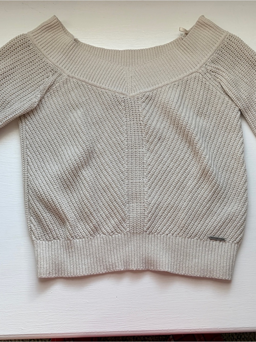 Abercrombie & Fitch Off-the-Shoulder Knit Sweater in Light Beige